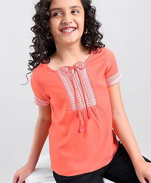 Pine Kids Half Sleeves Premium Embroidered Top - Coral