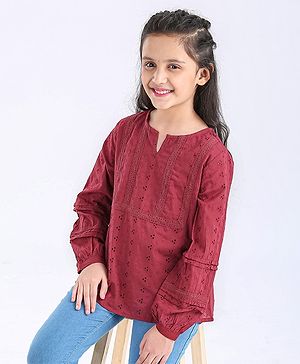 Pine Kids Full Sleeves Schiffli Top - Maroon