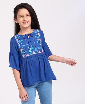 Pine Kids Half Sleeves Premium Embroidered Top - Blue