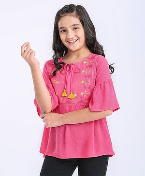 Pine Kids 3/4th Sleeves Embroidered Top - Hot Pink