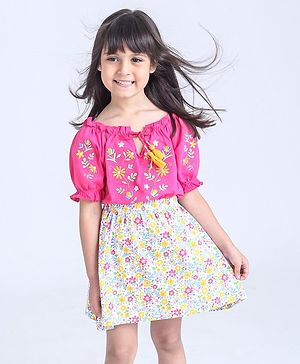 Babyhug Half Sleeves Top & Skirt Set with Bow Floral Print - Pink
