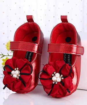 Cute Walk by Babyhug Party Wear Booties Flower Applique - Red