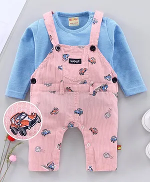 WOW Full Sleeves Dungaree Style Romper with Inner Tee Stripes with Car Print - Peach