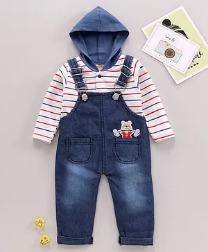 Little Kangaroos Full Sleeves Dungaree with Inner Tee Striped with Bear Patch - Red
