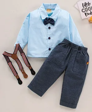 Wow Clothes Party Wear Full Sleeves Shirt & Trouser With Suspenders & Bow - Blue