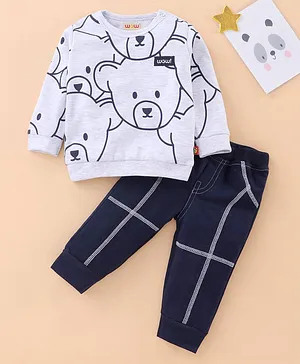 WOW Full Sleeves T-Shirt and Lounge Pants Bear Print - Navy