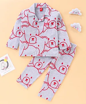 WOW Full Sleeves Pyjama Sets Bear Print - Red Grey