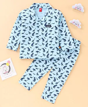 WOW Full Sleeves Pyjama Sets Dino Print - Light Blue