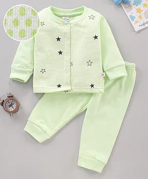 KandyFloss by Amul Full Sleeves Winter Wear Night Suit Stars Print - Green
