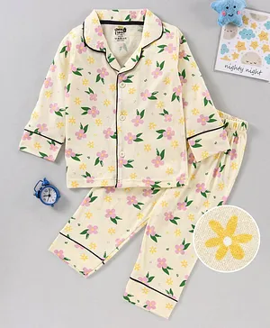 KandyFloss by Amul Full Sleeves Shirt & Pajama Floral Print - Yellow