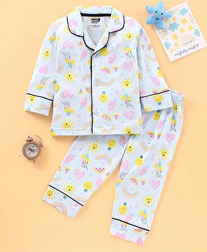 KandyFloss by Amul Full Sleeves Pajama Set Rainbow Print - White