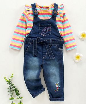Babyhug Denim Dungaree With Full Sleeves Inner Tee Stripes & Unicorn Print - Blue
