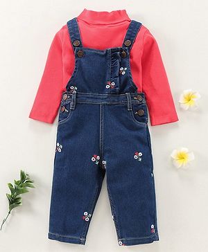 Babyhug Dungaree With Full Sleeves Inner Tee Solid Print - Blue