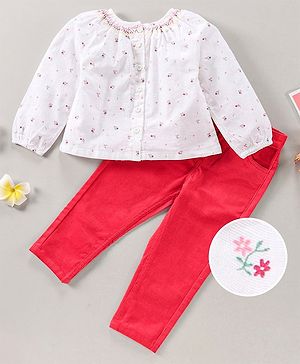 Babyhug Peasant Sleeves Top & Jeans Floral Print - White Red