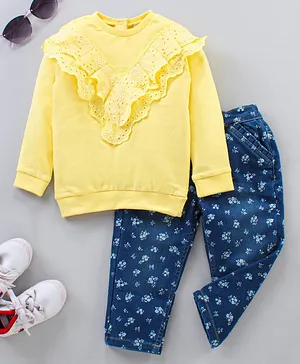 Babyhug Full Sleeves Solid Color Top & Full Length Printed Denim Pant Set - Yellow