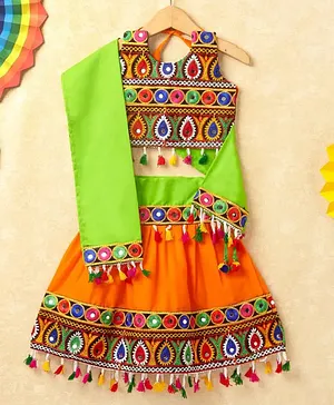Banjara India Sleeveless Navratri Kutchi Embroidery Detailing Halter Neck Choli With Lehenga & Dupatta - Orange
