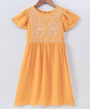Pine Kids Short Sleeves Frock Embroidered  - Yellow