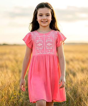 Pine Kids Short Sleeves Frock Embroidered  - Pink