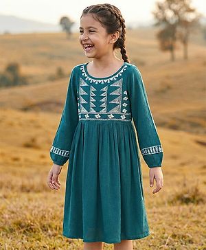 Pine Kids 3/4th Sleeves Frock Geometric Frock - Teal