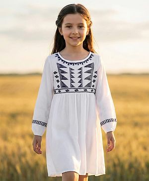 Pine Kids Full Sleeves Dress Embroidered - Snow White