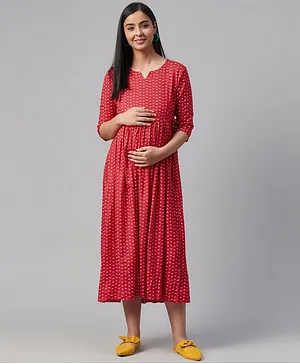 Anayna Three Fourth Sleeves Floral Printed Maternity Dress - Red