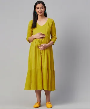 Anayna Three Fourth Sleeves Solid Maternity Dress - Lime Green
