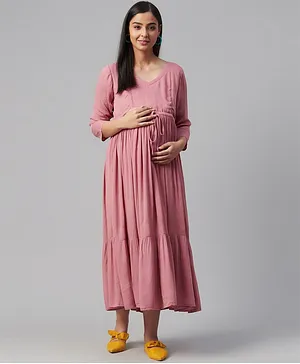 Anayna Three Fourth Sleeves Solid Maternity Dress - Coral Pink