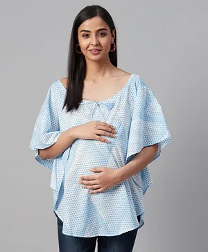Anayna Printed Half Sleeves Maternity Kaftan Top -Blue