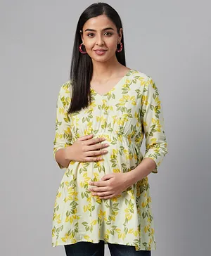 Anayna Three Fourth Sleeves Floral Printed Maternity Top - Green