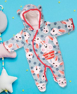 Baby Moo Full Sleeves Bunny Patch Quilted Hooded Romper - Blue