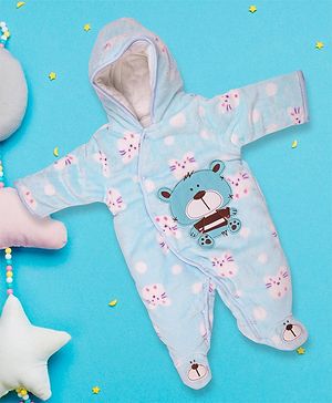 Baby Moo Full Sleeves Bear Patch Quilted Hooded Romper - Blue