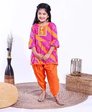 Nitara Couture 3/4th Sleeves Kurta Dhoti Set Jaipuri Print with Neck & Border Lace Work - Orange Pink