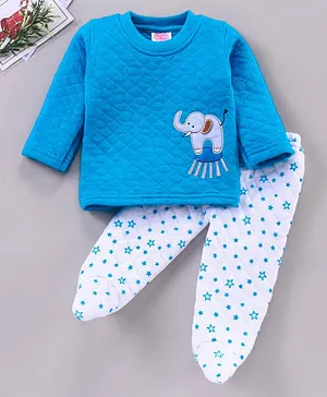 Tappintoes Full Sleeves Winterwear Tee and Lounge Pants Elephant Patch - Blue
