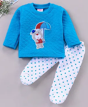 Tappintoes Full Sleeves Winterwear Tee and Lounge Pants Bear Patch - Blue