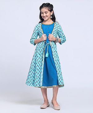 Pine Kids Full Sleeve Ethnic Solid Dress with Floral Printed Cape and Mask - Blue