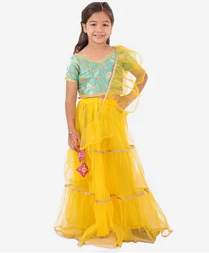 KID1 Short Sleeves Floral Design Jacquard Choli With Lehenga & Dupatta - Yellow