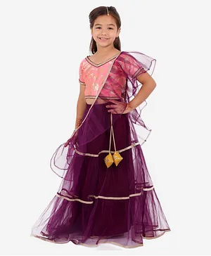 KID1 Short Sleeves Floral Design Jacquard Choli With Lehenga & Dupatta - Purple