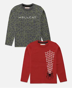 Hellcat Pack Of 2 Full Sleeves Abstract & Spider Printed Tee - Red & Grey