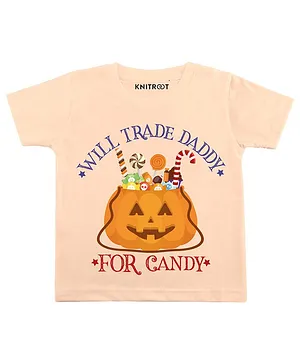 KNITROOT Will Trade Daddy Print Half Sleeves Halloween Tee - Peach