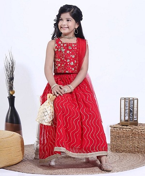 Babyhug Sleeveless Choli and Ghagra with Lace Border Dupatta Glitter Print - Red