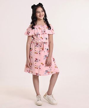 Pine Kids Cold Shoulder Softner Wash Frock Floral Print - Pink