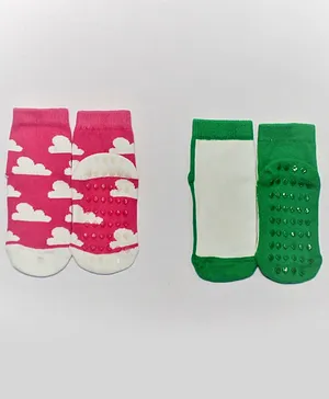 NoFall Cloud Design 2 Pair Of Socks - Green Pink