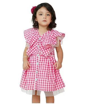 Dress My Angel Short Sleeves Butterfly Shoulder Checked Dress - Pink