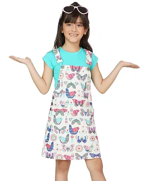 Dress My Angel Sleeveless Flared Butterfly Print Dungaree - Multi Color