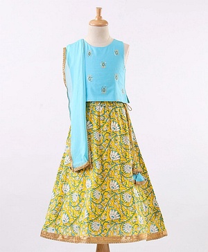 Babyhug Sleeveless Choli & Lehenga With Dupatta Floral Print - Yellow Blue