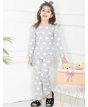 Lilpicks Couture Full Sleeves Heart Print Night Suit - Grey