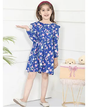 Lilpicks Couture Floral Print Full Sleeves Dress  - Blue