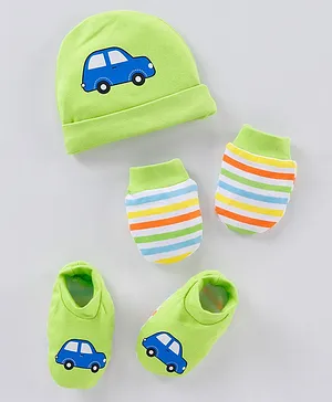 Babyhug 100% Cotton Cap Mittens & Booties Set Car & Stripes Print - Green
