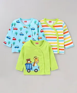 Babyhug 100% Cotton Full Sleeves Vests Car Print Pack of 3 - Green Blue