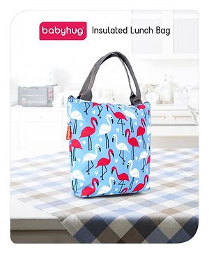 Babyhug Portable and Reusable Insulated Lunch Bag With Flamingo Print|For School,Travel and Outdoors|Premium & Easy to Carry|- Blue - L 24 x B 20 x H 9 cm Blue